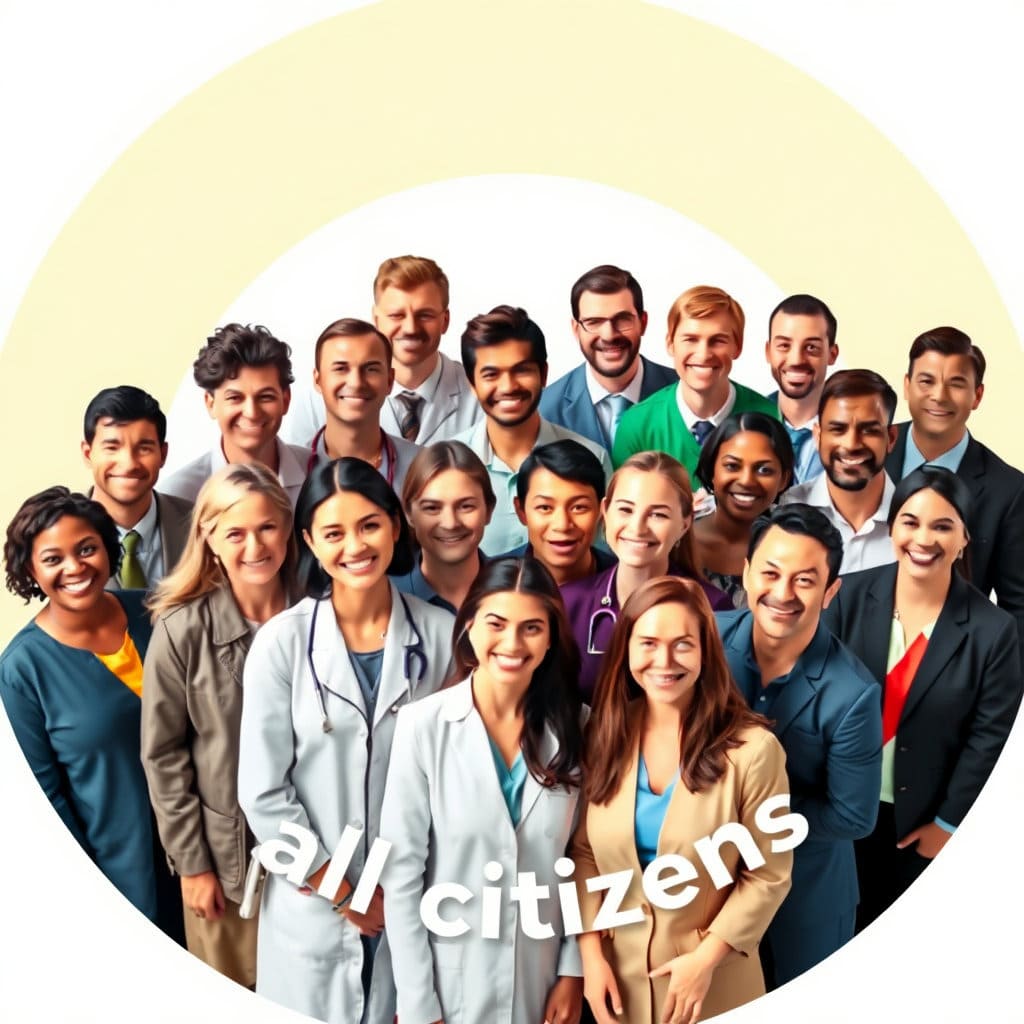 다양한 직업, 연령, 성별의 사람들이 한자리에 모여 있는 모습을 그립니다. 모두가 밝은 표정이며, 이들을 감싸는 큰 원이나 테두리를 넣어 '전 국민'이라는 포괄적인 의미를 시각화합니다. 포용과 연대의 메시지를 담습니다.