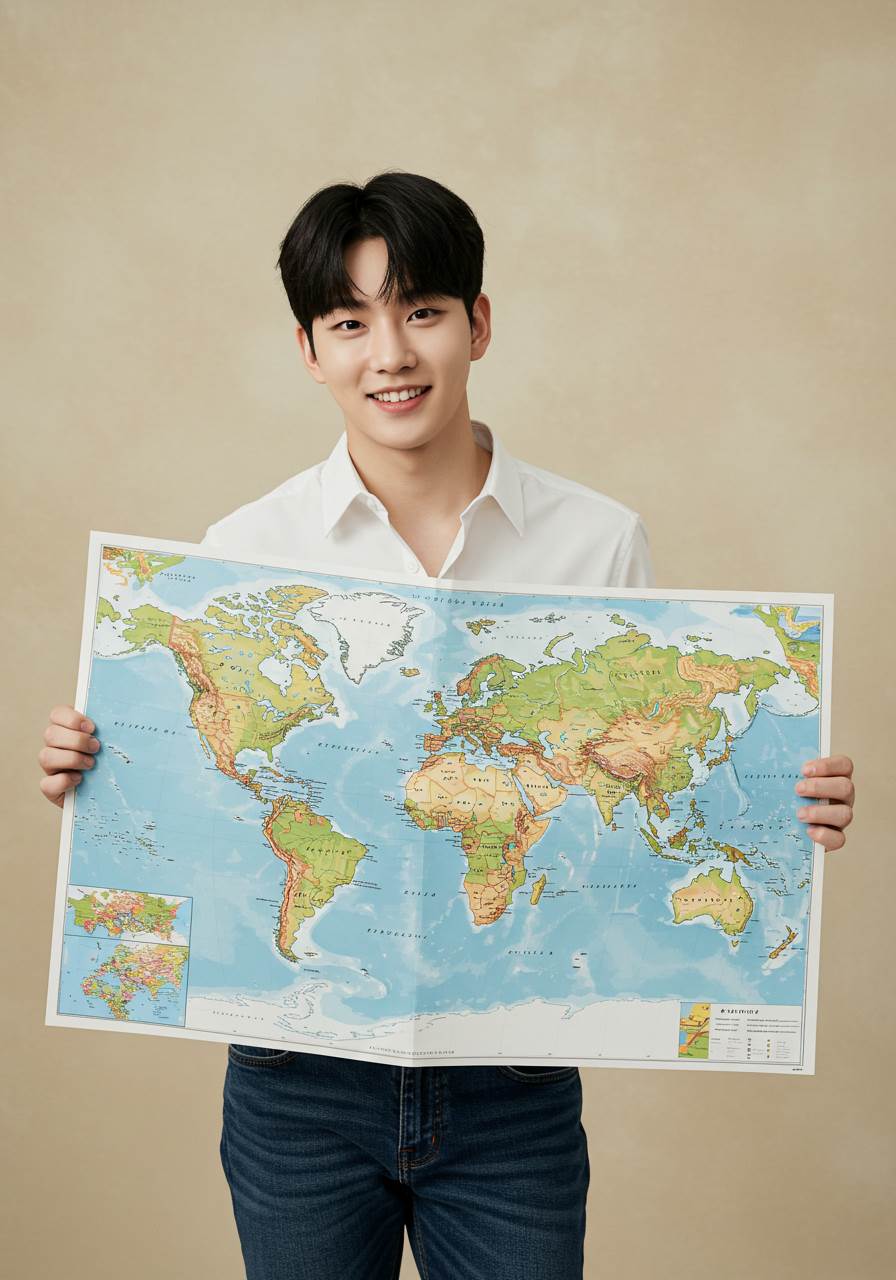 a young Korean man holding the world map showing to the camera, 외국어 순위, 한국인 제2외국어, 취업에 도움이 되는 언어, 유학 준비, 비즈니스 영어