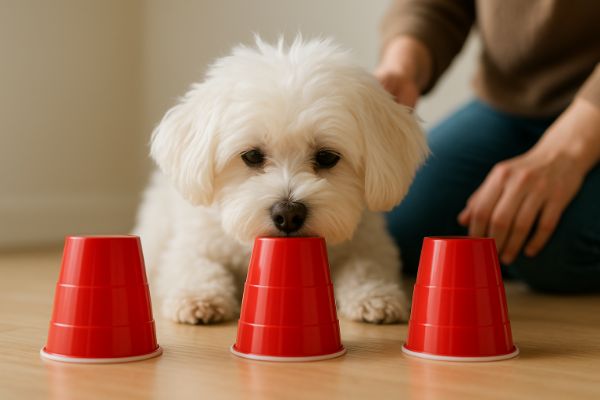 말티즈가 바닥에 놓인 세 개의 빨간 컵 중 하나에 코를 대고 냄새를 맡으며 선택을 앞둔 진지한 모습. 배경에는 주인의 손이 보입니다.