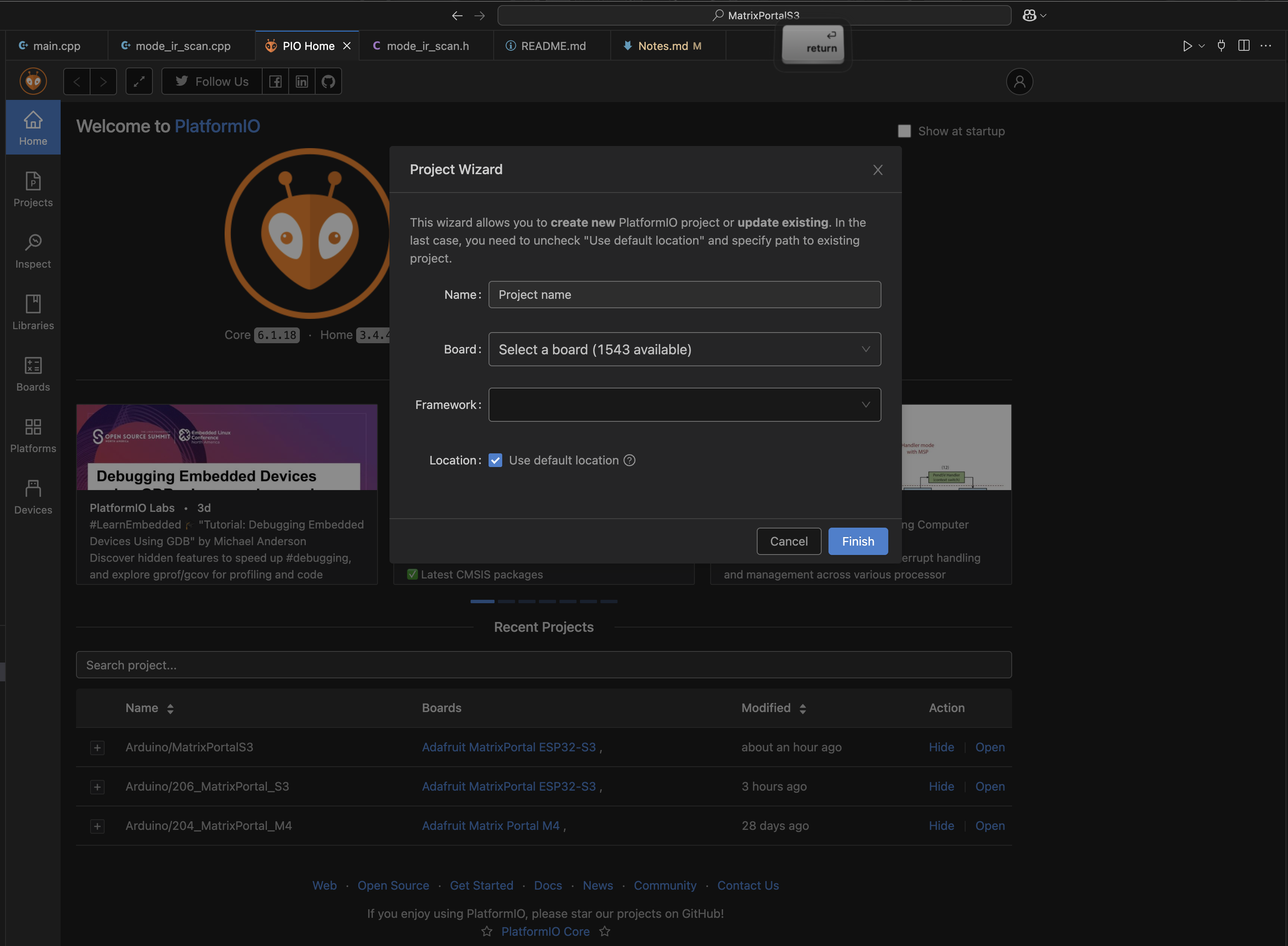 PlatformIO > HOME > NewProject 선택시 신규 프로젝트 생성 화면