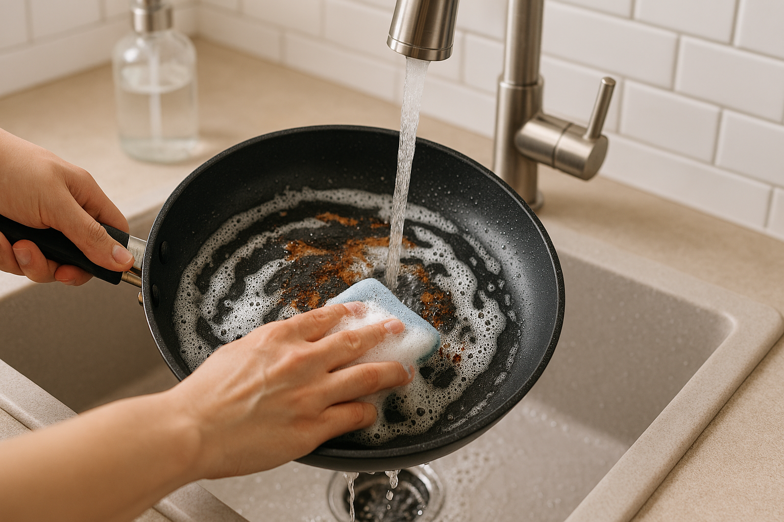 조리 후 세척 중인 프라이팬 이미지