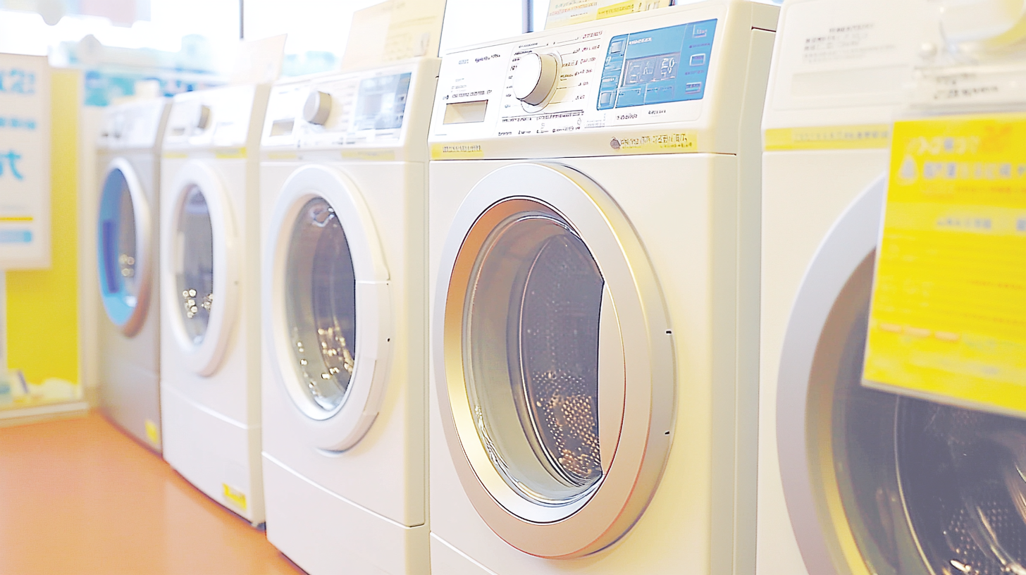 다양한 브랜드의 대용량 세탁기가 모여있어 각 제품의 기능과 디자인 차이를 한눈에 볼 수 있는 전시 공간 모습.