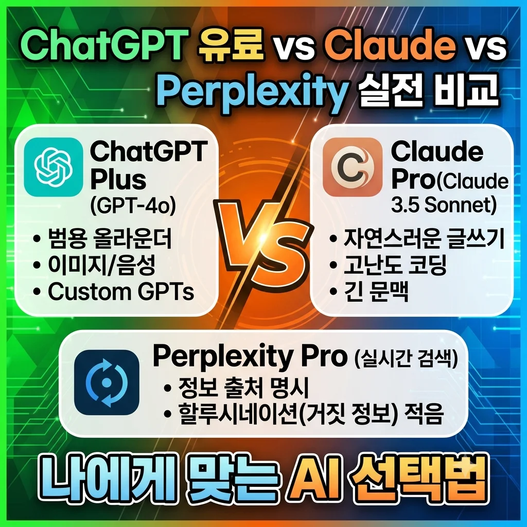 ChatGPT Plus, Claude Pro, Perplexity Pro 유료 AI 서비스 실전 비교 및 나에게 맞는 AI 선택법 안내 썸네일