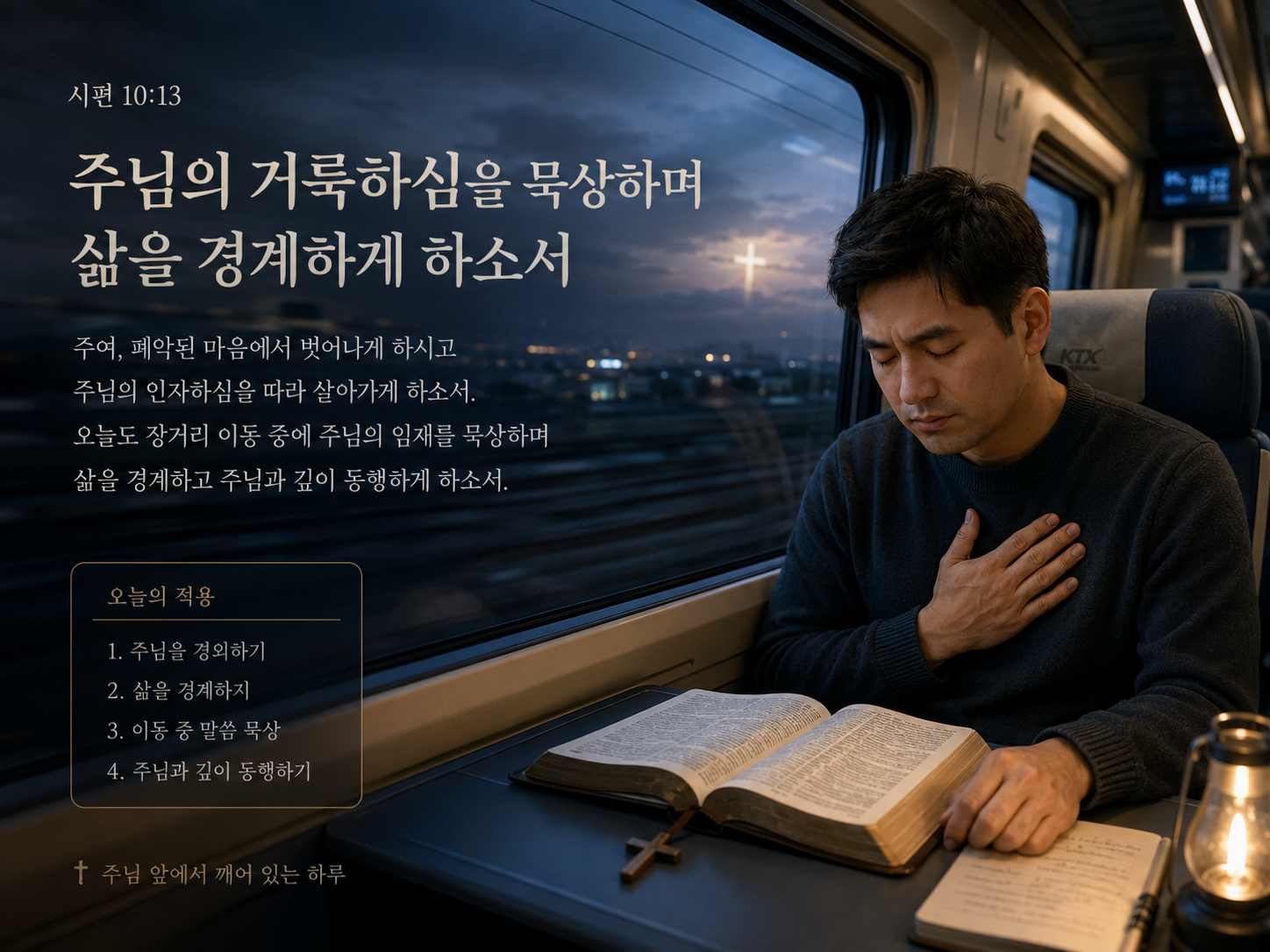 시 10:13 말씀에서 제가 하나님을 오해하여 주님께서 나를 벌주지 않는다고 생각하며 평안하며 세상과 벗하는 죄악된 삶을 살아가는 것에서 벗어날 수 있기를 기도합니다. 주여&amp;#44; 폐악된 나의 마음을 보시고 제가 주님의 인자하심을 따라 살아가는 자가 되길 간절히 기도합니다. 제가 주님의 임재하심을 따라 벌주시는 하나님을 묵상하며 살아가는 자가 되며 오늘도 장거리 이동하면서 벌주시는 하나님을 묵상하며 삶에서 경계하고 주님과 깊이 동행하려는 시도를 하는 모습입니다.