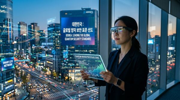 양자 컴퓨팅 보안 기술을 선도하는 대한민국. AR 안경을 쓰고 일하고 있는 젊은 여성.