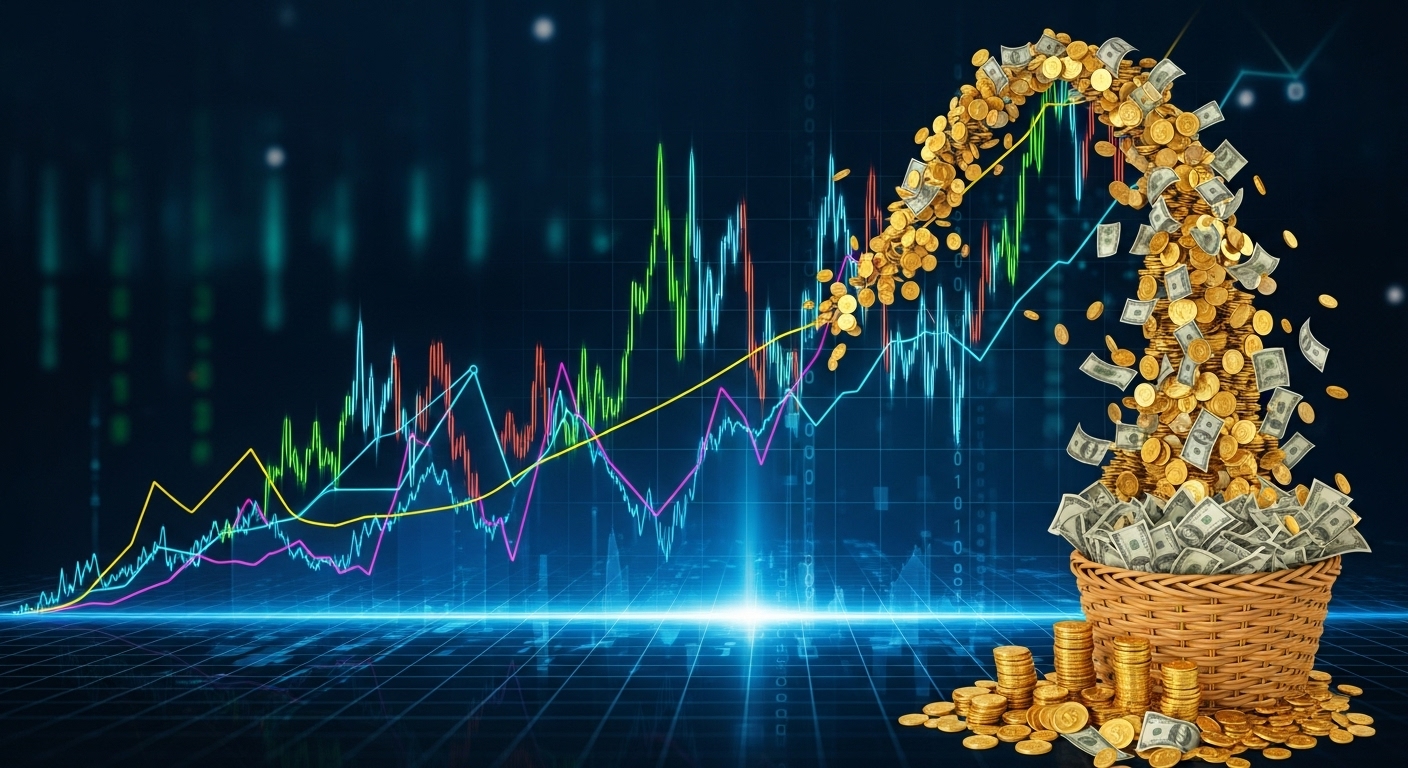 그래프 위에 수많은 돈다발이 쏟아지는 것을 표현한 이미지