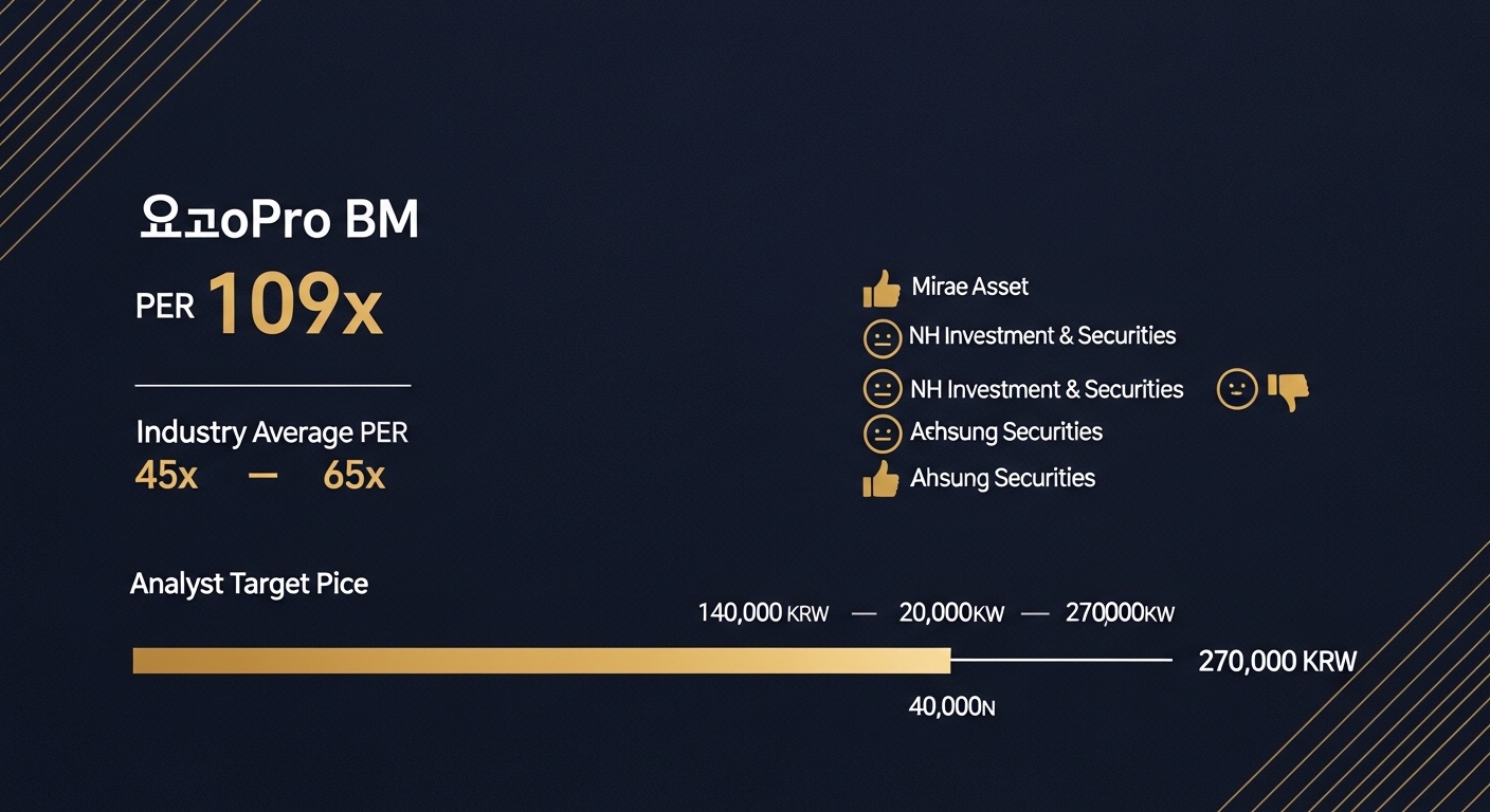 Financial valuation comparison chart showing EcoPro BM PER 109x versus industry average 45 to 65x, analyst target price range bar from 140000 to 270000 KRW, multiple broker opinion icons, dark navy background gold accent lines, Korean stock analysis infographic style, 169