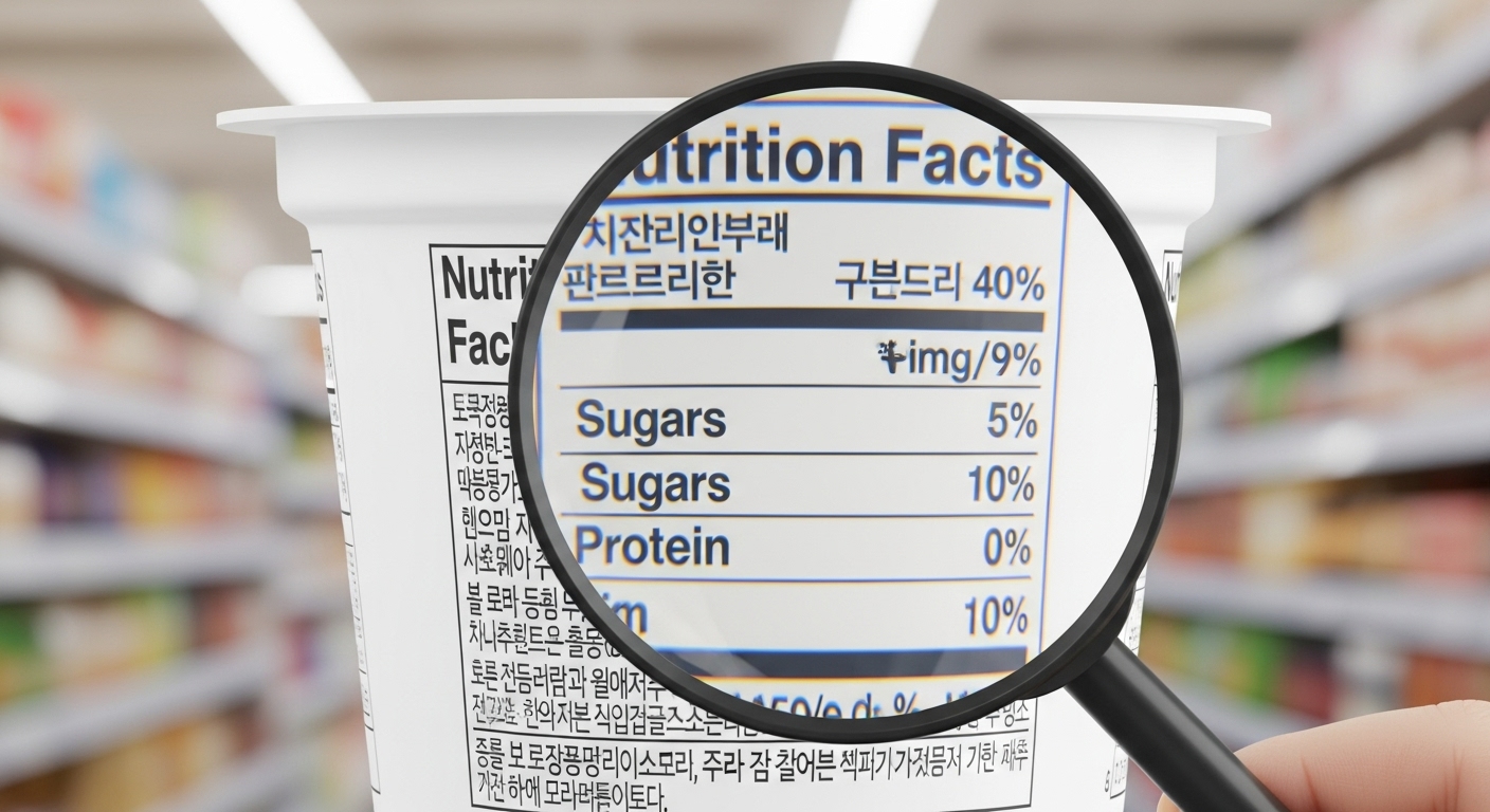 요거트 용기에 표시된 영양성분표. 특히 당류와 단백질 함량이 돋보이도록 확대되어 있다.