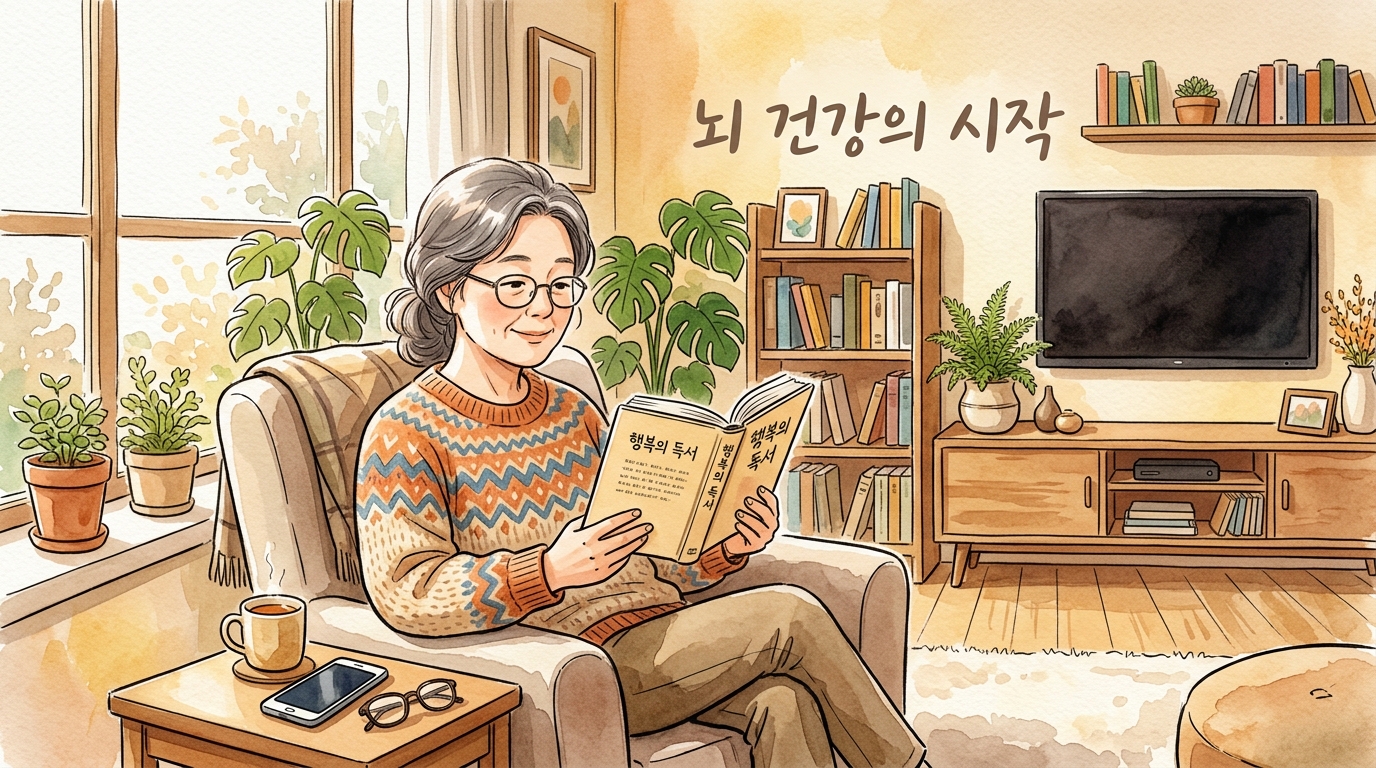 멀티태스킹 하지 않고 독서하여 뇌를 지치지 않게 뇌 노화 속도를 늦추고 있는 모습.