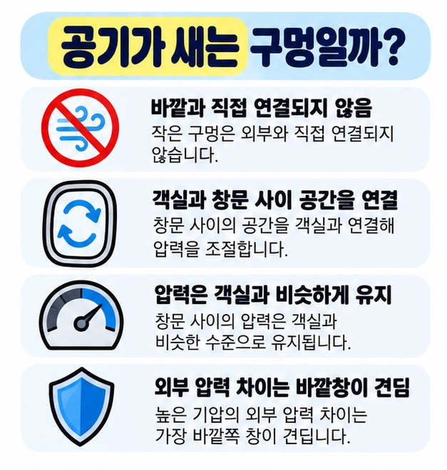 작은 구멍은 바깥과 직접 통하는 구멍이 아니라 창문 사이 압력을 객실 압력과 맞추는 통로임을 설명한 카드