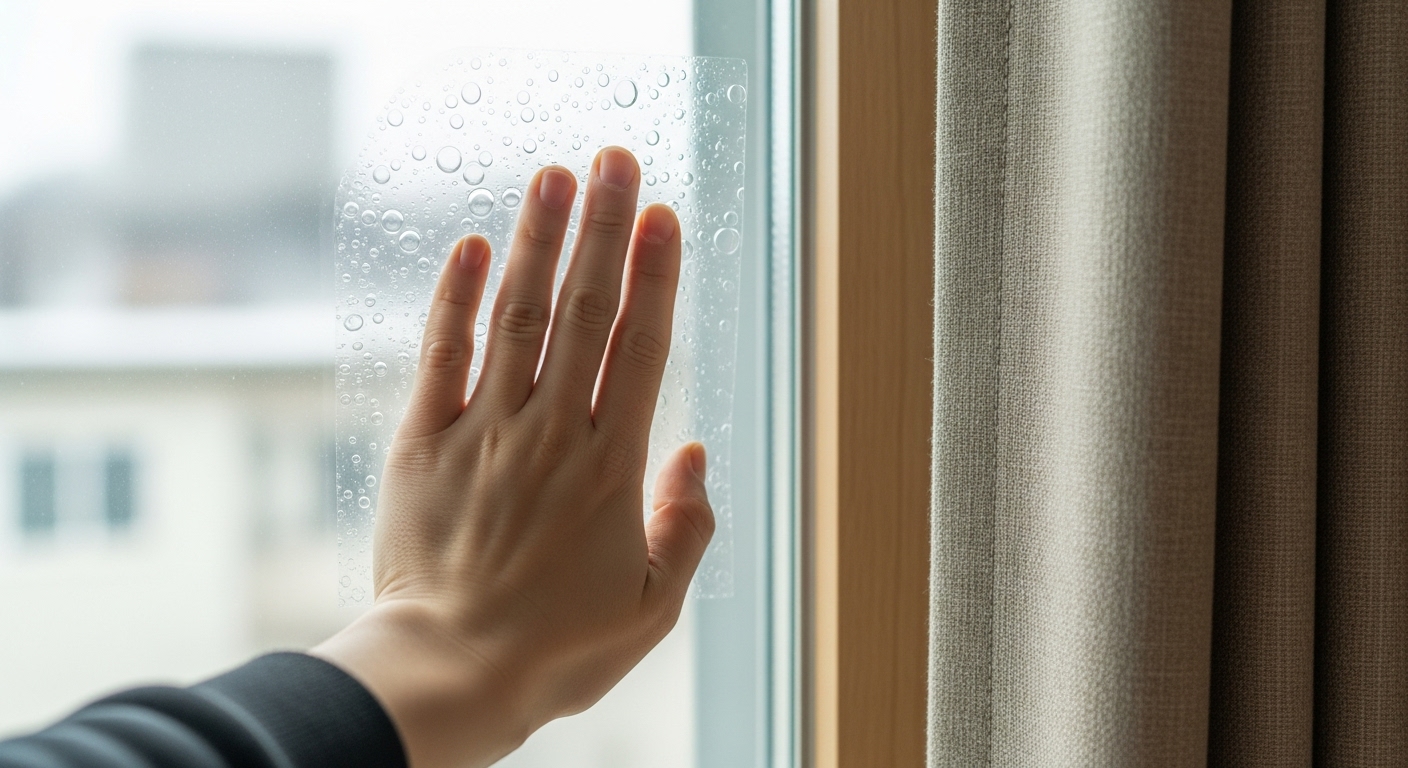 창문에 단열 에어캡을 부착하여 외풍을 차단하는 모습.