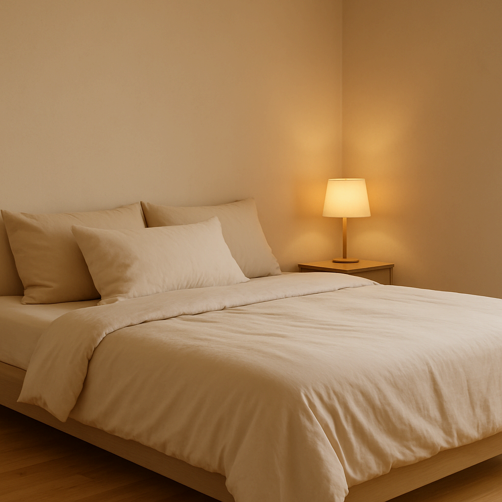 부드러운 조명이 켜진 아늑한 침실과 정돈된 이불