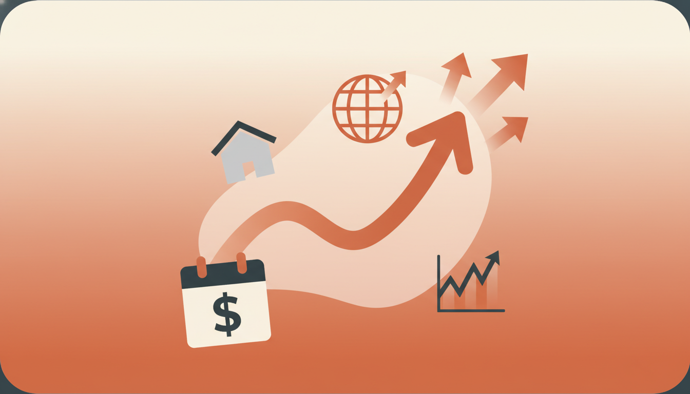 테라코타 색상의 성장하는 그래프와 자산 아이콘, 달력에 돈 표시가 있는 안정적인 월배당 ETF 투자를 상징하는 이미지