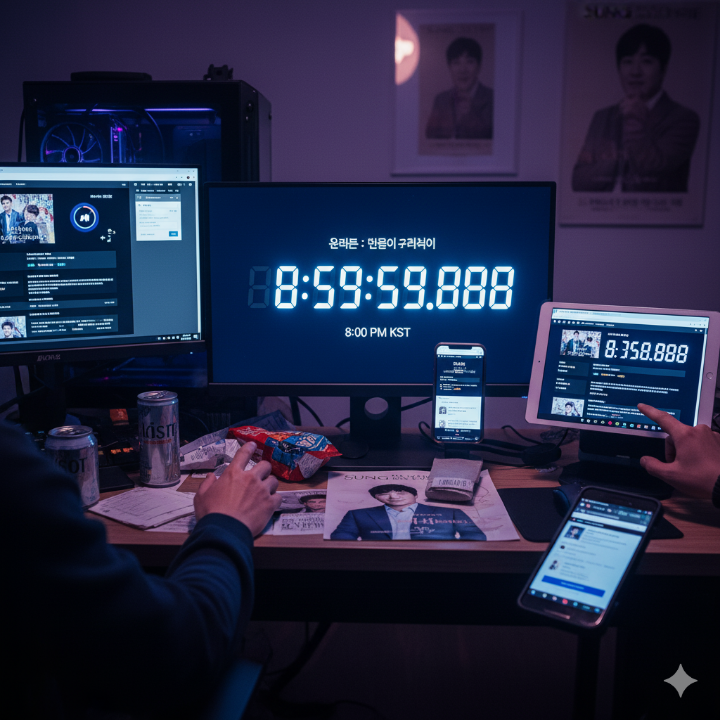 성시경 콘서트 티켓팅에 사용되는 서버 시계와 듀얼 디바이스 준비 장면