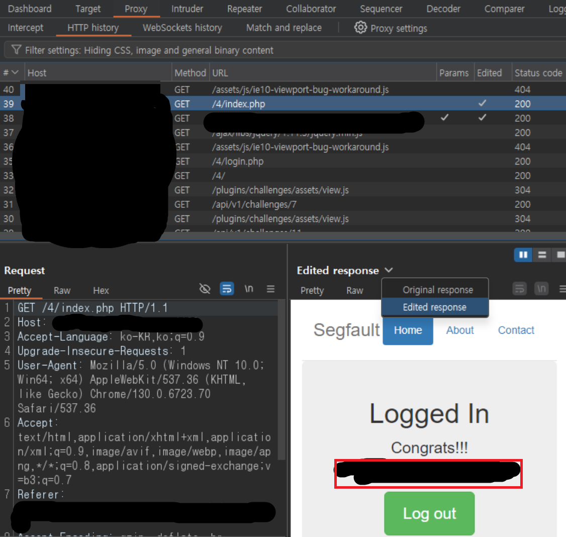 HTTP history에 index.php 선택 -> 하단 Original respinse를 Edited response로 변경 후 확인