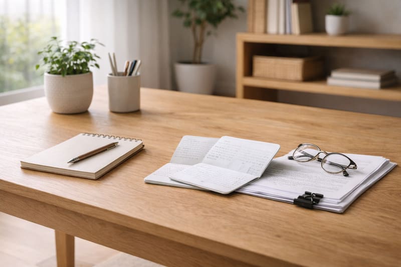 중년의 금융 서류와 통장을 정리하는 차분한 생활 공간