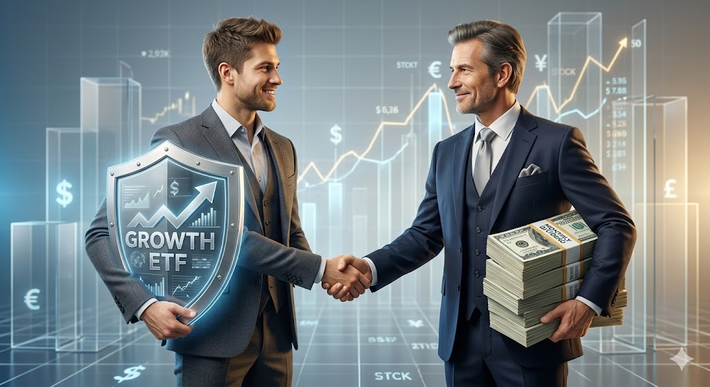 성장형 ETF를 든 젊은 투자자와 월배당 뭉치를 든 여유로운 시니어의 대비 모습