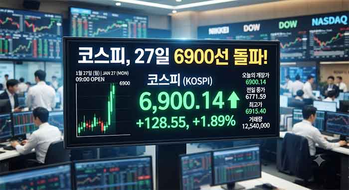 코스피 6900선 돌파 화면을 보여주는 증권시장 전광판 이미지.