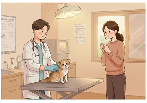 수의사와 보호자가 신뢰하며 소통하는 동물병원 진료실의 따뜻한 색연필 일러스트