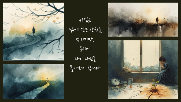 상실은 삶에 깊은 상처를 남기지만, 동시에 자기 자신을 돌아보게 합니다. &ldquo;나는 무엇을 소중히 여기는가?&rdquo;라는 질문은 아픔 속에서 피어납니다에 관한 그림