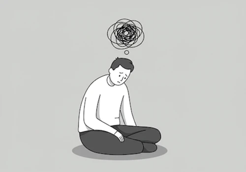 회색 톤 플랫 디자인으로 얽힌 생각 아이콘 아래 불편하게 앉은 인물을 표현한 명상의 어려움 일러스트레이션