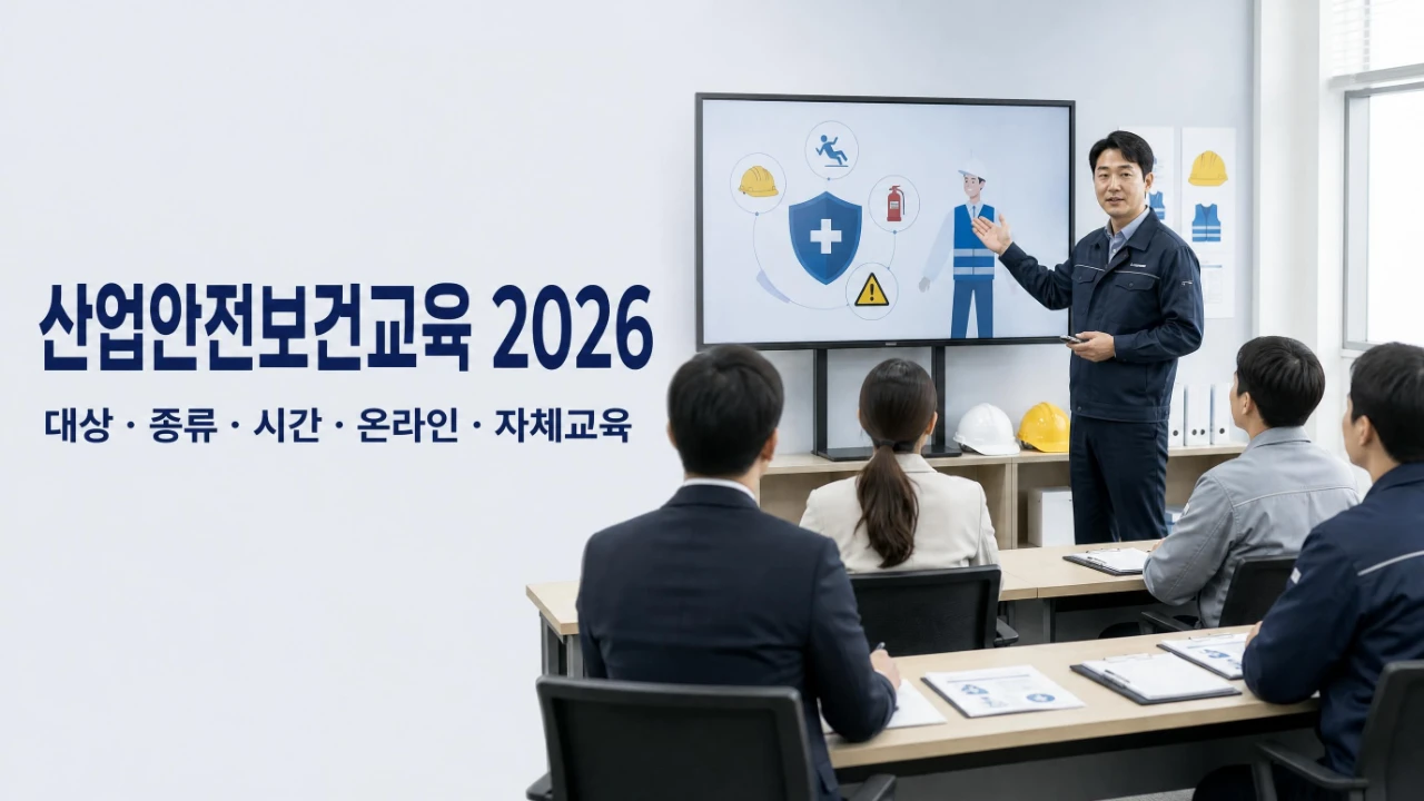 2026년 산업안전보건교육을 위해 강사가 사무직과 현장 근로자에게 안전교육을 진행하는 모습