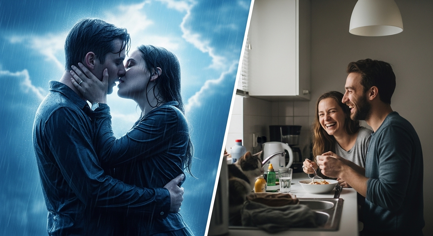 영화 속 비현실적인 사랑과 현실적인 일상 속 사랑을 대조적으로 보여주는 이미지