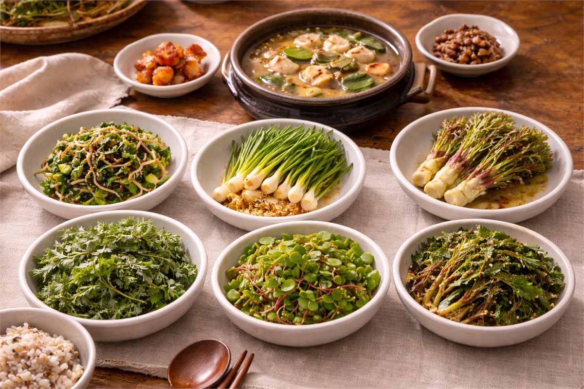 봄나물 반찬이 중심이 된 한국 가정식 식탁 장면