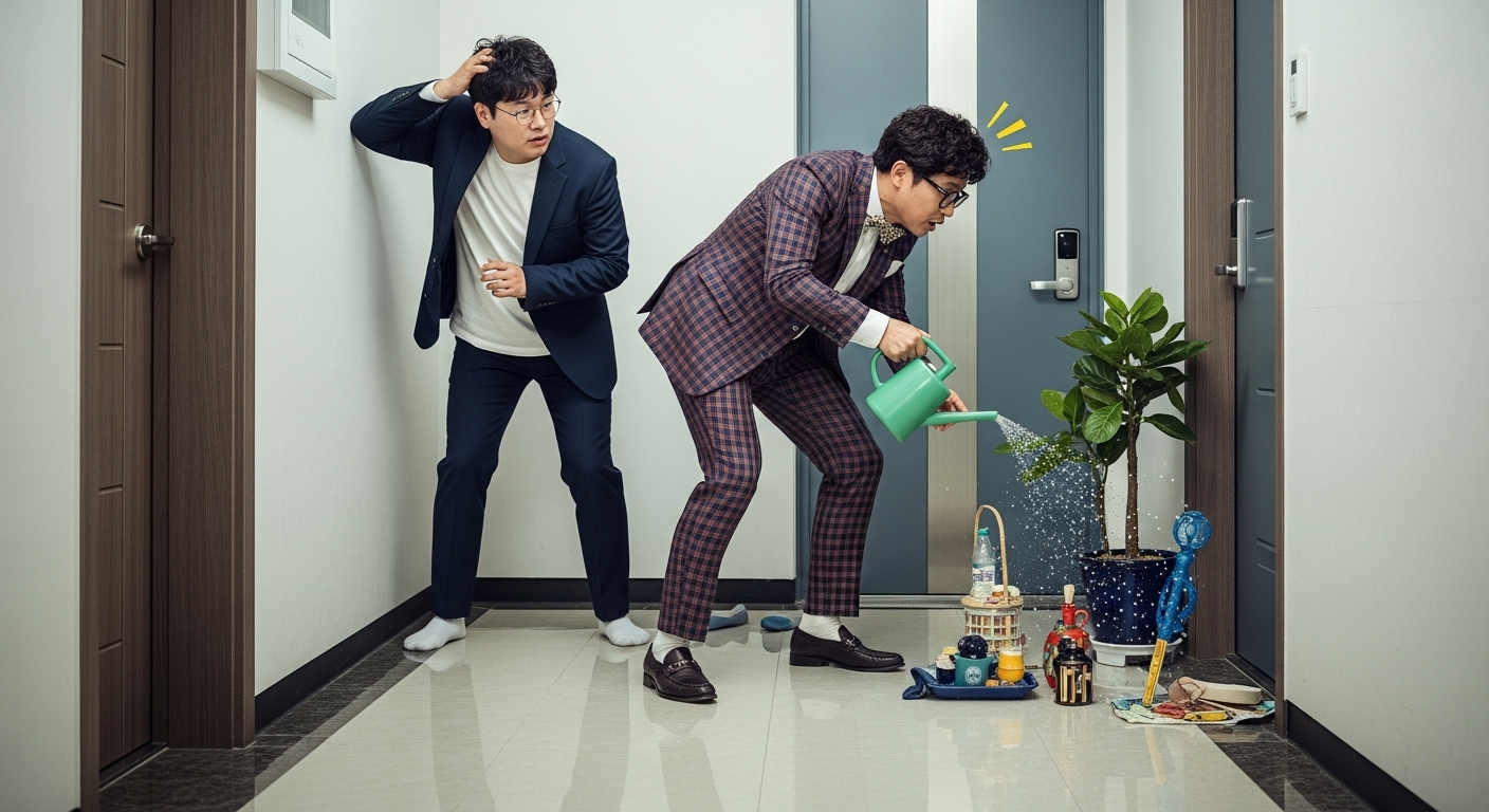 평범한 이웃이 이상한 행동을 하는 의문의 이웃을 몰래 지켜보는 한국 아파트 복도의 코믹한 장면.