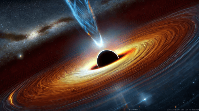 블랙홀의 압도적인 모습, 검은 구체가 가온데 있고 모든것을 빨아들이고 있는 모습이다. 빛마저 삼켜 빛이 휘몰아 치며 소용돌이 처럼 가온데 검은 구체로 빨려 들어가고 있다. 위로는 펄스 자기장같은 푸른색의 빛이 형성되어 있다.
