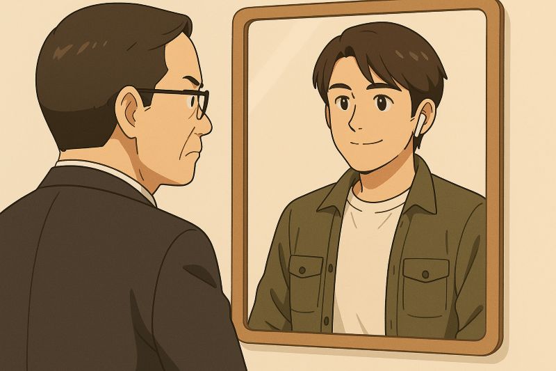 젊은 척하는 중년의 이중적인 태도를 표현한 거울 속 인물