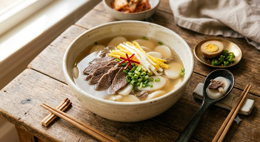 나무 테이블 위에 정갈하게 차려진 맑고 진한 양지 소고기 떡국의 모습. 투명하고 깔끔한 육수 위로 얇게 썬 양지 수육과 노랗고 하얀 달걀지단 고명, 송송 썬 대파가 정성스럽게 얹어져 있다. 떡국 그릇 옆에는 나무 숟가락과 젓가락, 그리고 작은 그릇에 담긴 김치와 달걀 장조림이 함께 놓여 있어 따뜻하고 정갈한 한국 전통 식사의 느낌을 준다.