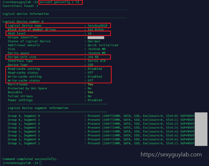 Adaptec RAID 구성 확인 화면