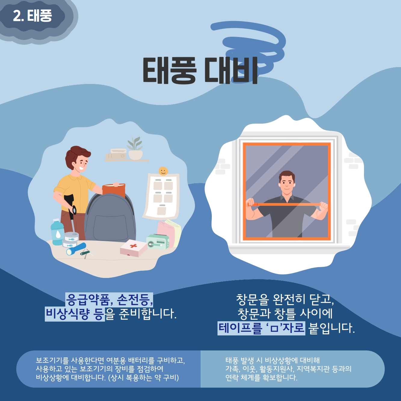 태풍대비: 응급약품, 손전등, 비상식량 등을 준비합니다. 창문을 완전히 닫고 창문과 창틀사이에 테이프를 ㅁ 자로 붙입니다.
