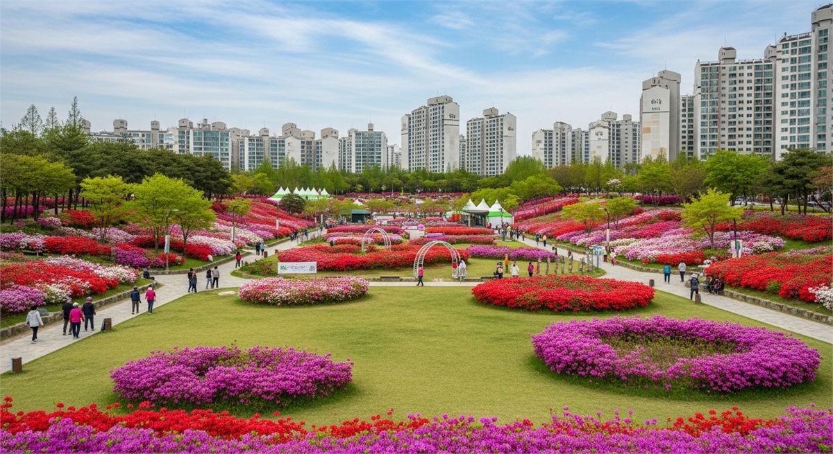 도심 공원과 철쭉 축제 공간이 함께 보이는 전경 