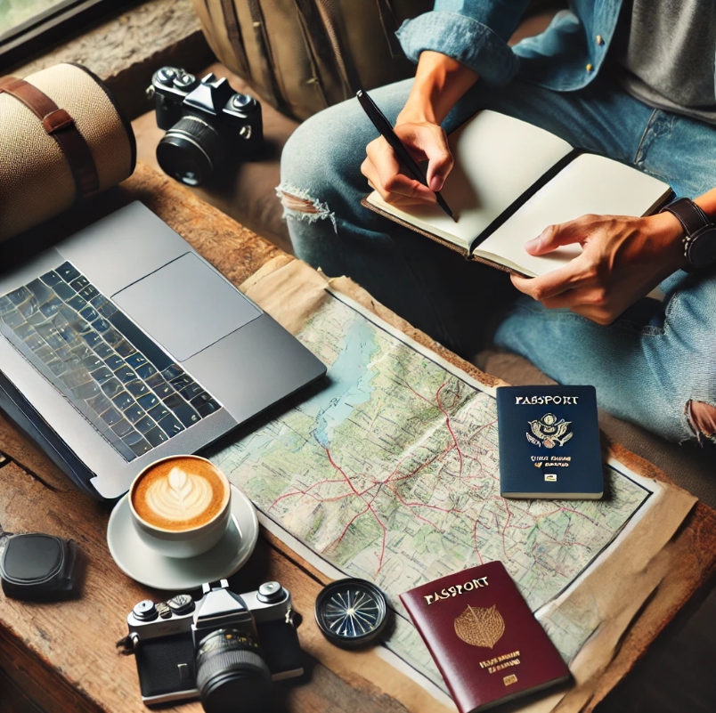 노트북, 여권, 카메라, 커피가 테이블 위에 있고 노트에 무언가를 쓰고 있는 사람의 사진