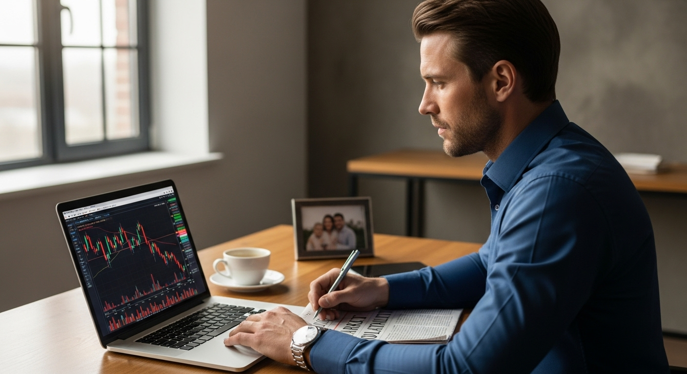 주가가 떨어지는 상황에서도 침착하게 주식 차트를 살펴보는 현실적인 투자자의 모습