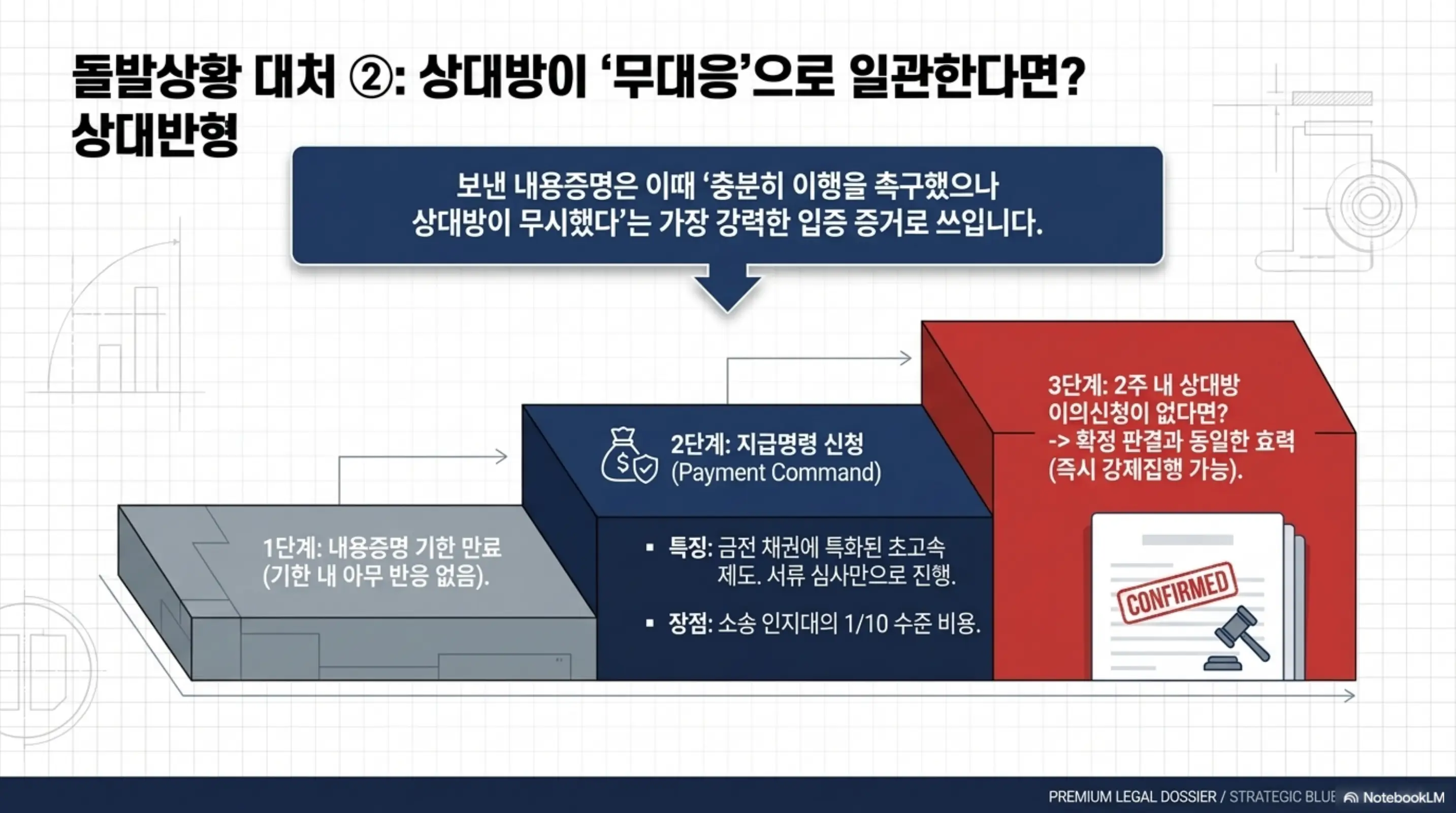 내용증명 발송 후 상대방이 무대응일 때 지급명령 신청과 강제집행 절차를 설명하는 웹배너 이미지. 이 이미지는 내용증명 기한 만료 후 지급명령 신청부터 확정 판결까지의 단계를 시각적으로 전달하며&amp;#44; 블로그의 내용증명 효력과 관련된 내용을 설명함
