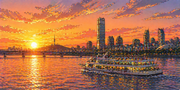 한강 선셋을 배경으로 크루즈가 지나가는 이미지