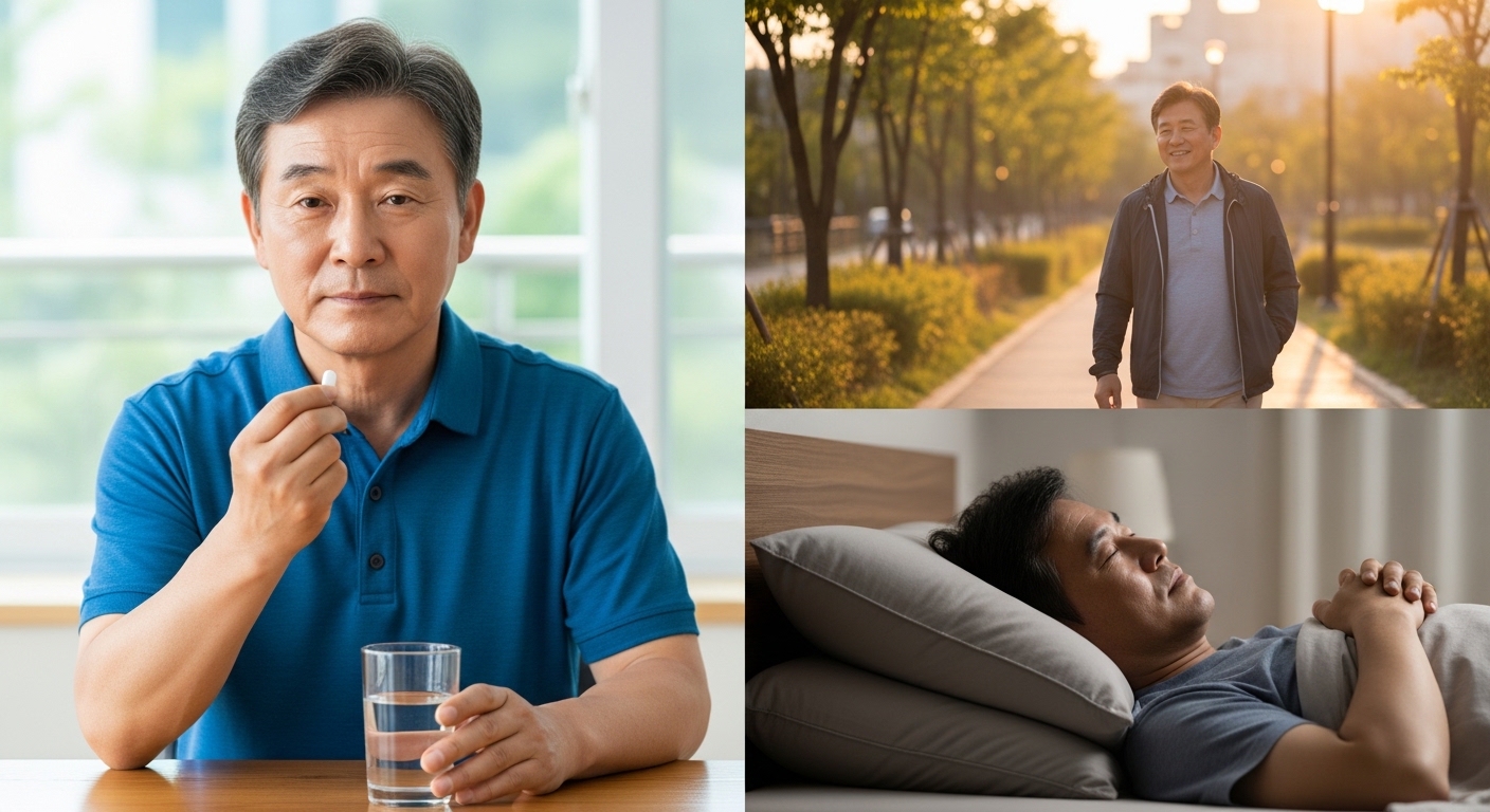 【IMG13 &mdash; 약 복용과 건강한 생활습관을 함께 실천하는 55세 한국인 이미지】