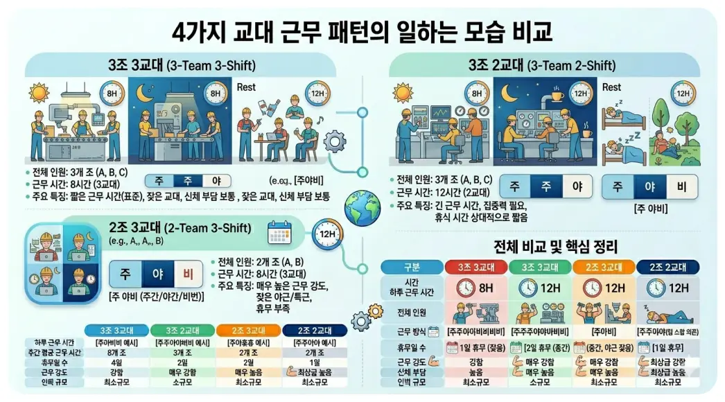 생산직 3조 3교대 3조 2교대 2조 3교대 2조 2교대 업무시간 및 주야간 휴무일