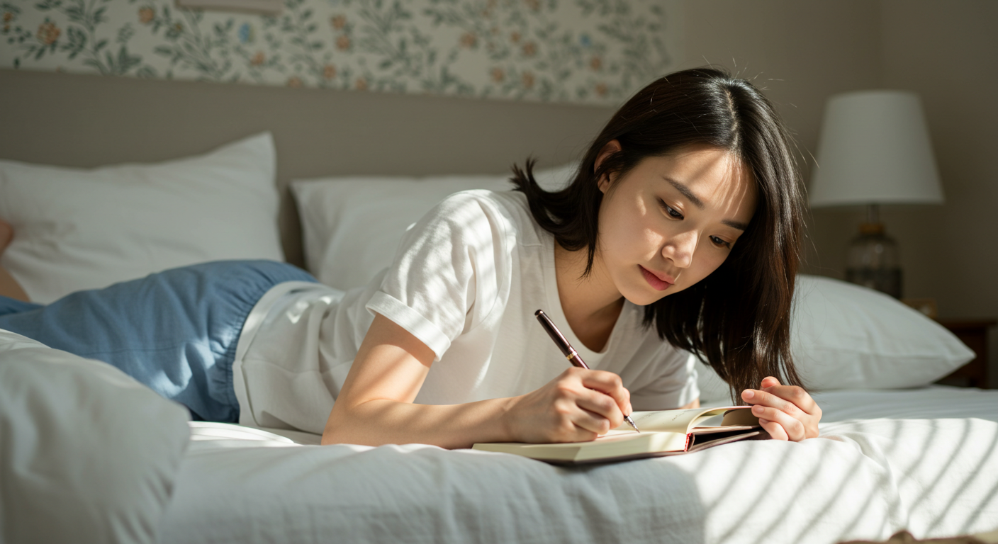 침대에서 일기를 쓰는 여성