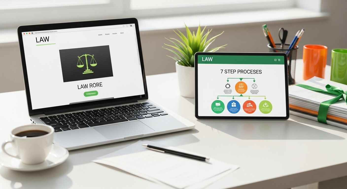 테이블위에 랩탑과 pad 가 있고 법에 관련 자료가 검색되어있다