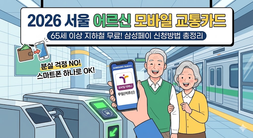 2026년 서울 어르신 모바일 교통카드 안내 썸네일. 65세 이상 지하철 무료 혜택과 삼성페이를 통한 신청 및 사용 방법을 총정리한 이미지입니다.