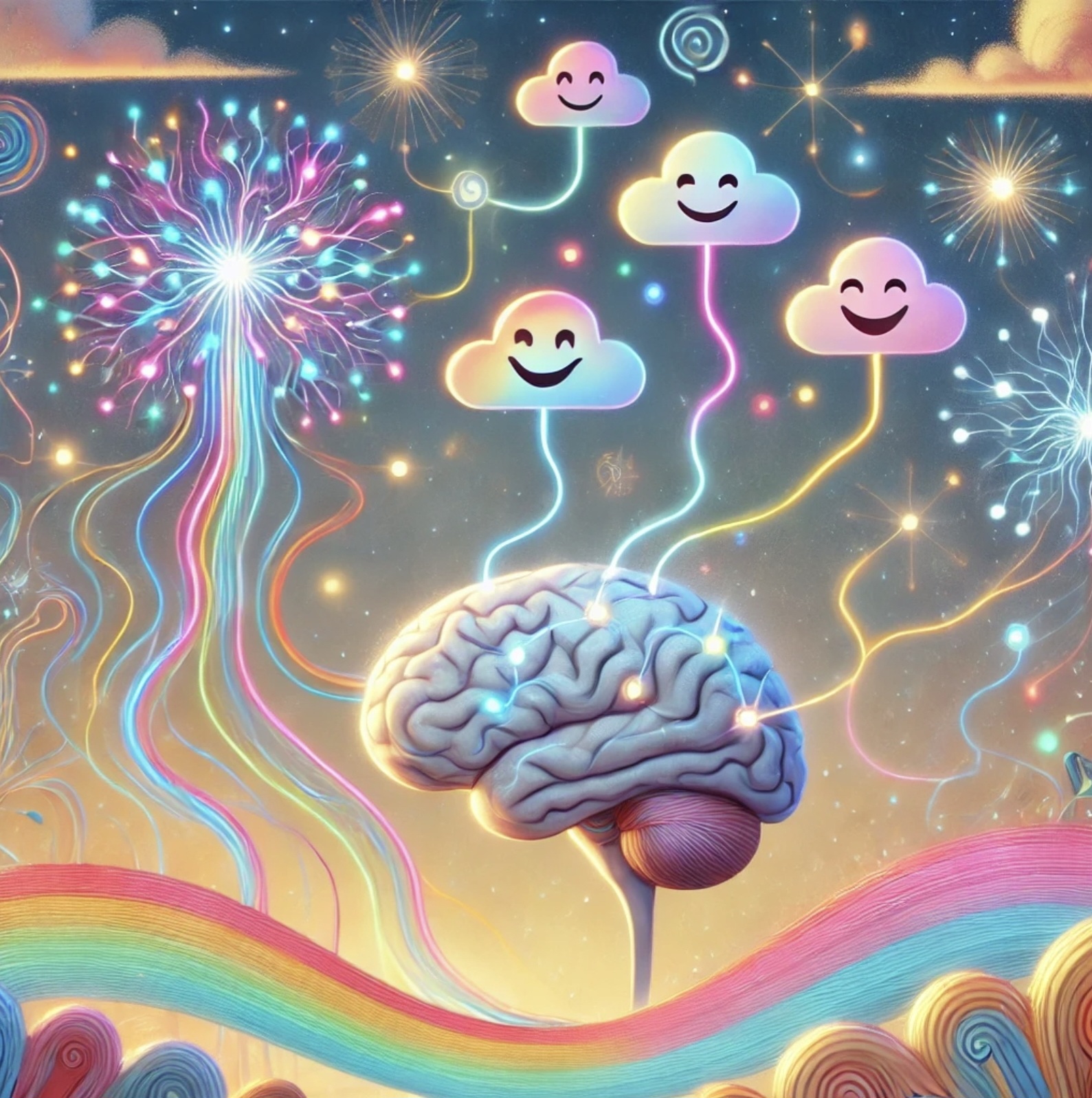 정서 전염과 감정의 상호작용을 상징적으로 표현한 뇌와 여러 웃는 구름 그림