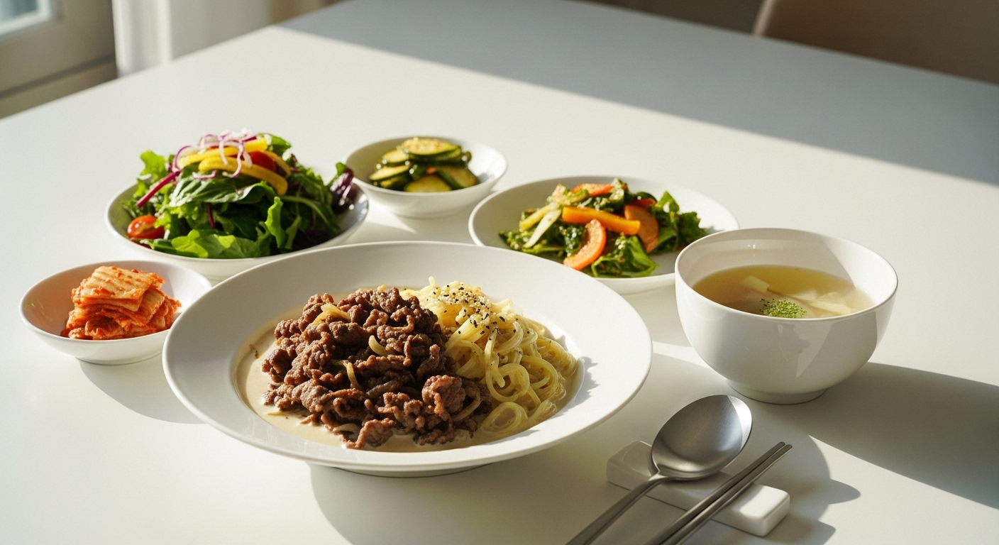 프리미엄 HMR 메인 요리에 신선한 샐러드와 집밥 반찬이 곁들여진 워킹맘 가족의 균형 잡힌 저녁 식탁. 맛과 건강을 동시에 잡은 모습.