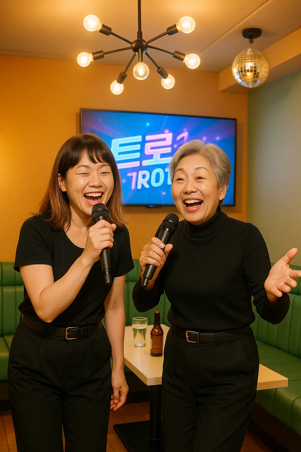 세대와 연령을 넘어 함께 트로트를 부르며 즐거워하는 두 여성