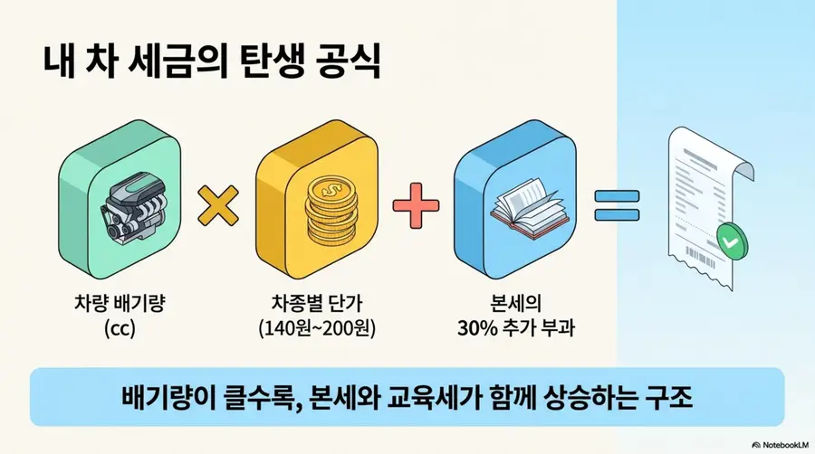 자동차세 납부방법: 자동차세 계산 공식을 설명하는 인포그래픽. 차량 배기량에 차종별 단가를 곱한 본세에 본세의 30%인 지방교육세를 더하면 연간 자동차세가 산출되는 구조를 엔진, 동전, 고지서 아이콘으로 시각화한 이미지. 배기량이 클수록 본세와 교육세가 함께 상승하는 구조라는 설명이 포함됨