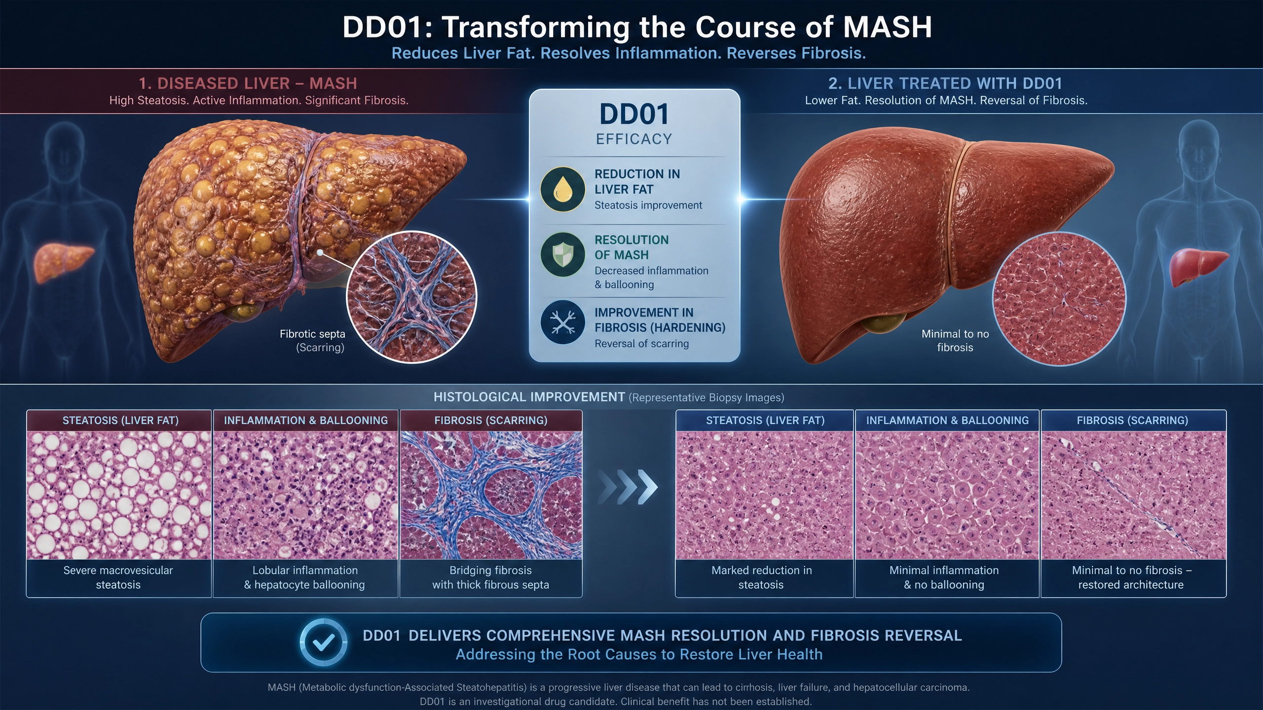 디앤디파마텍의 MASH 신약 후보물질 DD01의 임상적 유효성을 시각화한 이미지를 생성했습니다. 이 이미지는 DD01이 간 지방 감소를 넘어, MASH 치료의 가장 중요한 지표인 간 섬유화(굳어짐)를 획기적으로 개선했음을 명확하게 보여줍니다.