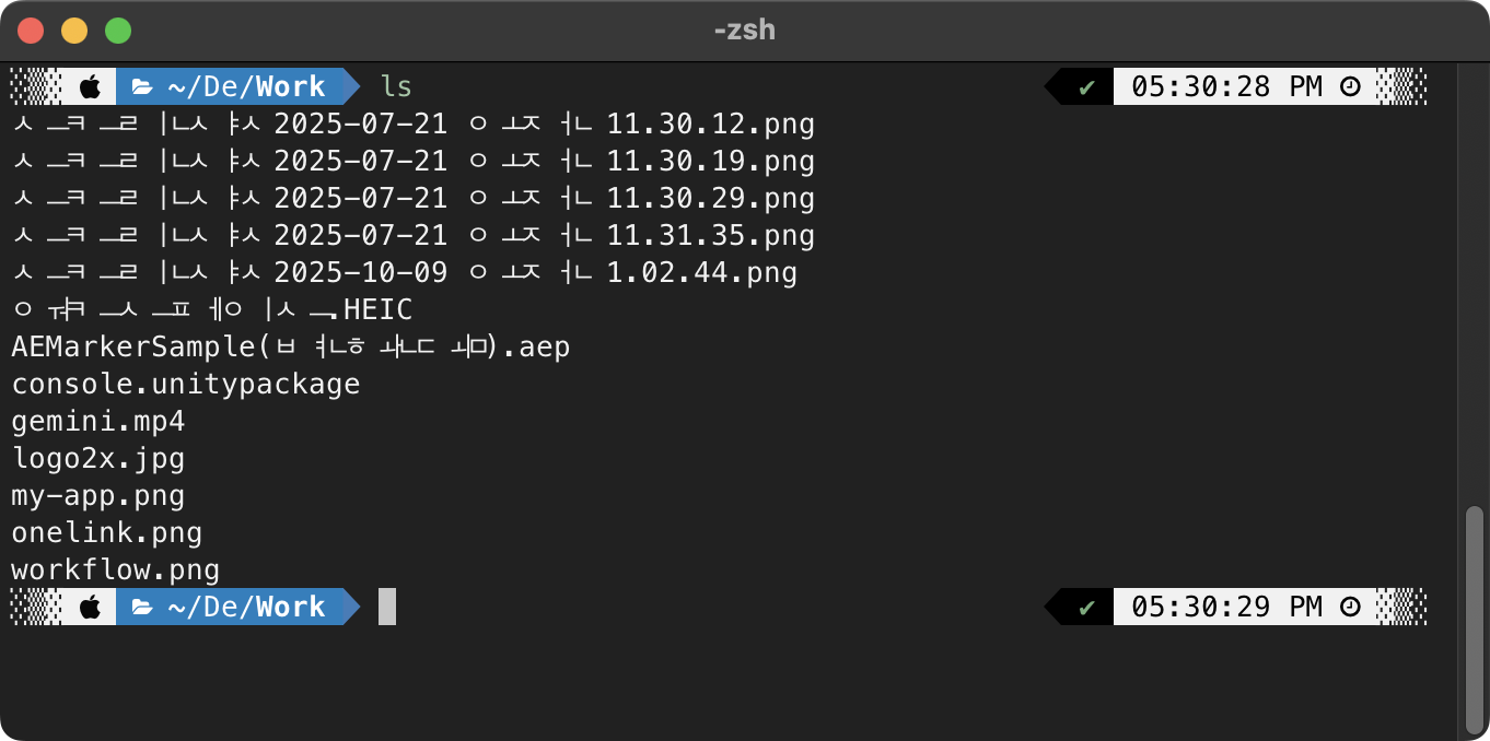 한글이 깨져 보이는 iTerm2 터미널 화면